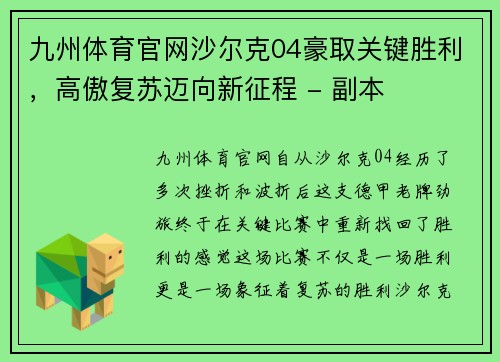九州体育官网沙尔克04豪取关键胜利，高傲复苏迈向新征程 - 副本